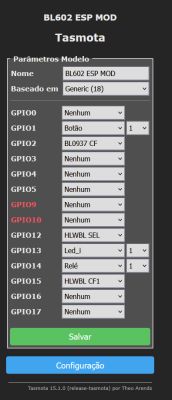 Tasmota configuration screen with GPIO settings for BL602 ESP MOD
