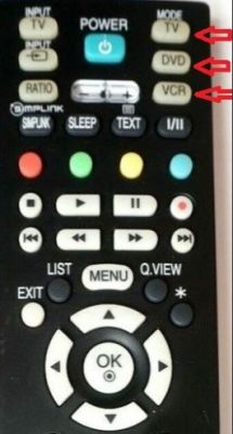 Pilot do telewizora z zaznaczonymi przyciskami trybu TV, DVD i VCR.