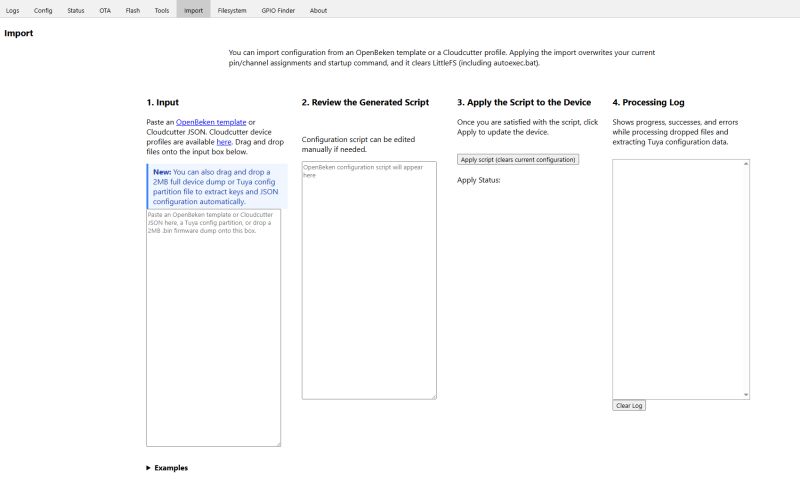 Configuration import screen in OpenBeken interface with four sections