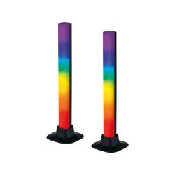 Arlec Grid Connect LED Light Bars Twin Pack Two vertical LED light bars emitting multicolored light, positioned on black bases.