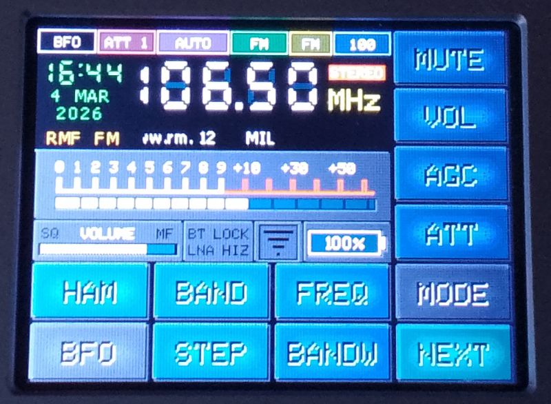 Touchscreen SDR radio UI showing 88.50 MHz with on-screen buttons MUTE, VOL, AGC, MODE