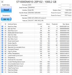 Screenshot showing SMART values of the Seagate ST1000DM010-2EP102 drive.