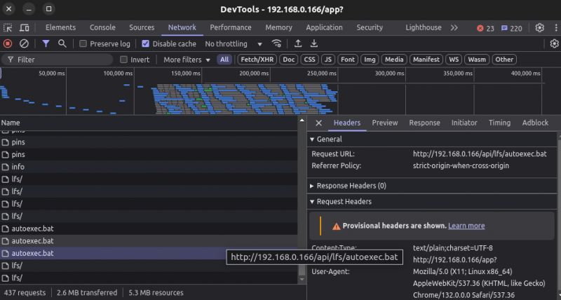 Screenshot of browser developer tools showing network details for http://192.168.0.166/api/lfs/autoexec.bat.