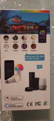 Smart bulb packaging showing different lighting modes.