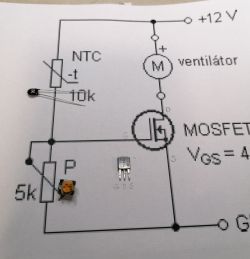 Electrical diagram with electronic components like MOSFET transistor and NTC thermistor.
