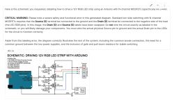 Zrzut ekranu z tekstem ostrzeżenia i schematem sterowania taśmą RGB 12 V z Arduino i MOSFET-ami