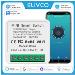 Elivco Smart Switch with Mobile App Elivco smart switch with specifications and smartphone app interface.