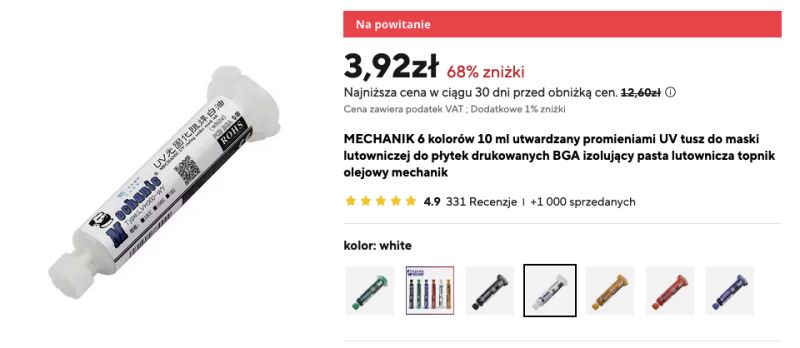 Biała tubka tuszu do maski lutowniczej UV marki Mechanik z napisem i nakrętką, na tle oferty sklepu internetowego.