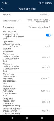 Screenshot showing electrical network parameters settings on a mobile device.