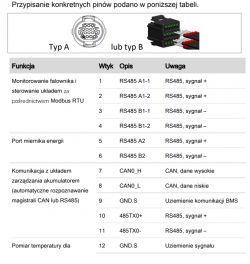 Table of pin assignments and connection diagram for inverter and measurement devices.
