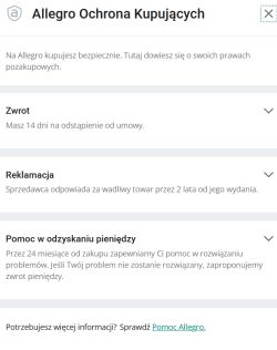 Zrzut ekranu „Allegro Ochrona Kupujących” z sekcjami: Zwrot, Reklamacja i Pomoc w odzyskaniu pieniędzy.