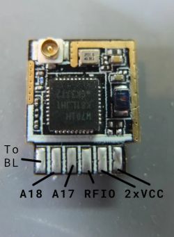 Electronic module labeled as W701H with marked pins A18, A17, RFIO, and 2xVCC.