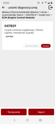 Zrzut ekranu z aplikacji diagnostycznej z kodem 047B29 i opisem czujnika ciśnienia DPF