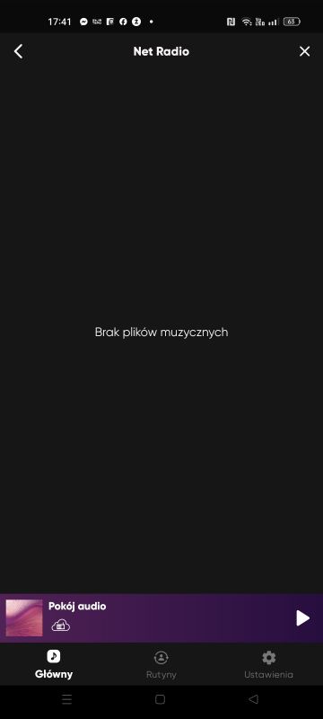 Zrzut ekranu aplikacji z komunikatem Brak plików muzycznych