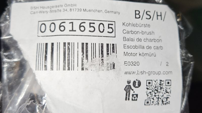 Etykieta z opakowania szczotek węglowych Bosch z numerem 00616505