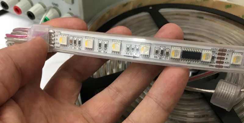 RGBW LED Strip with TM512 Controller and ESP32 T-CAN485 RGBW LED strip HR00-C24RGBW512AC4-60 with 60 SMD5050 LEDs per meter, connected to ESP32 LilyGO T-CAN485 via power and RS485 lines.
