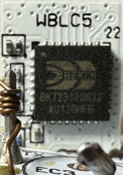Close-up of an electronic module with Beken BK7231 integrated circuit.