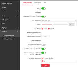 Zrzut ustawień „Detekcja ruchu” z przełącznikami, czułością i harmonogramem uzbrajania