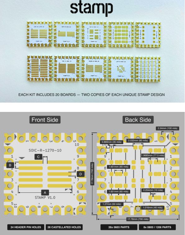 Stamp Board Set for Fast SMD Prototyping A set of modular Stamp PCB boards for SMD prototyping, showing various template designs and detailed technical diagrams of both sides of a sample board.