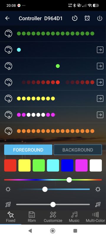 Screenshot of an LED control app titled “Controller D964D1” with color palettes and sliders