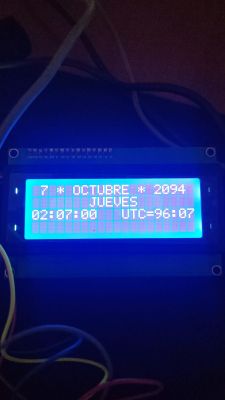 Wyświetlacz LCD z datą 7 października 2094 i godziną lokalną i UTC