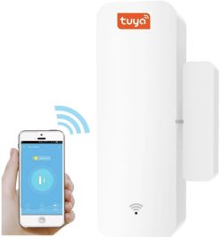 Tuya Wi-Fi Door Opening Sensor and Mobile App White Tuya door opening sensor next to a smartphone displaying the door status in an app.