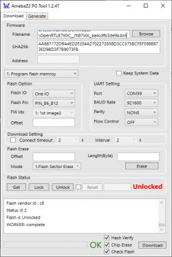 Screenshot of AmebaZ2 PG Tool 1.2.47 showing boot load errors and flashing settings.