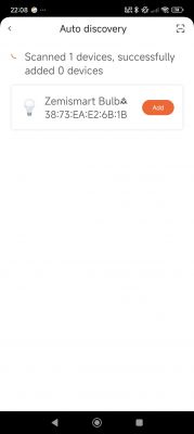 Device auto-discovery screen showing detected Zemismart bulb.