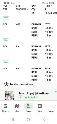 Zrzut ekranu aplikacji sieciowej z parametrami sygnału komórkowego LTE