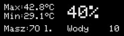 Ekran OLED z informacjami: maks. 42,8°C, min. 29,1°C, stan wody 40%, 70 litrów, 10 czujników.