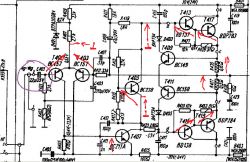 Schemat układu elektronicznego z zaznaczonymi strzałkami