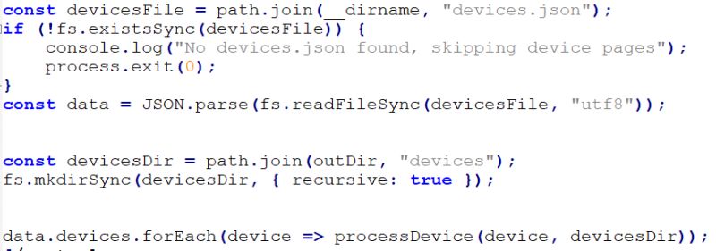 Node.js code snippet loading devices.json and processing devices