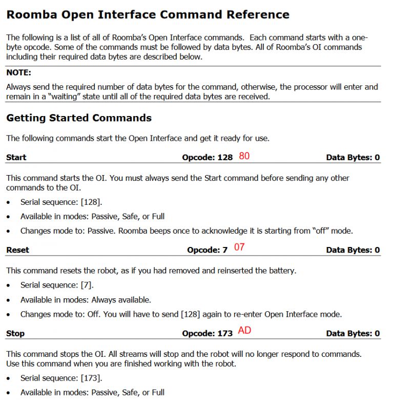 Roomba Open Interface Command Documentation Roomba Open Interface command reference section.