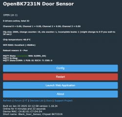 Screen of the OpenBK7231N sensor with status information and configuration options.