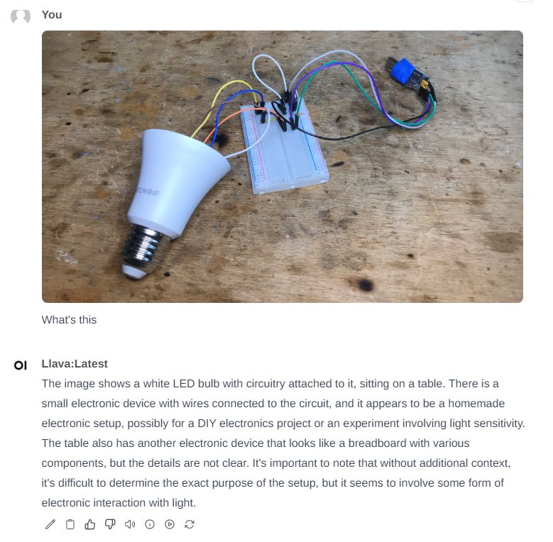 LED Bulb with Connected Electronic Circuit White LED bulb with attached electronic circuit on a wooden table.