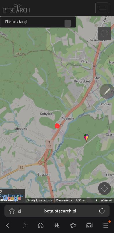 Mapa okolic Żar z zaznaczoną lokalizacją i nadajnikiem sieci komórkowej