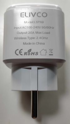 Close-up of an ELIVCO smart plug with technical specifications.