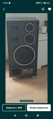 Czarna kolumna głośnikowa Radiotehnika S-90 z trzema głośnikami i dwoma potencjometrami.