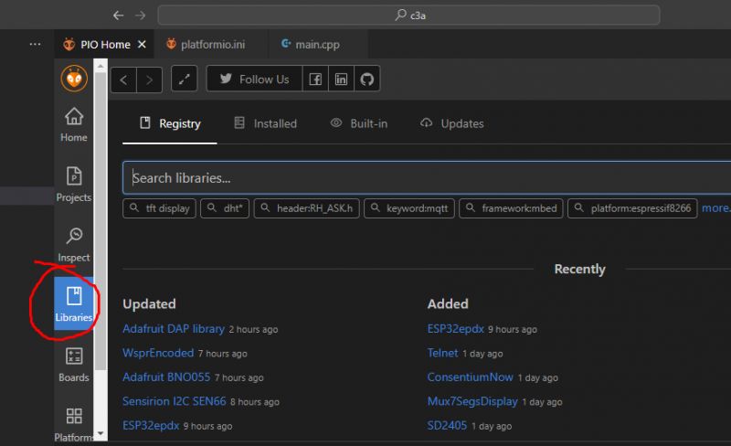 PlatformIO - Libraries Tab Screenshot of the PlatformIO interface with the Libraries tab open and a menu icon highlighted on the left.