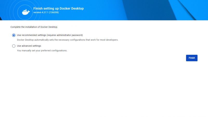 Docker Desktop 4.27.1 Installation Screen Screen of Docker Desktop 4.27.1 setup completion with the option to use recommended settings selected.