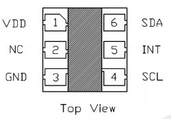 Electronic Component Pin Layout Top view of an electronic component pin layout with labels VDD, NC, GND, SCL, INT, SDA.