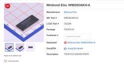 Bild des Winbond Elec W9825G6KH-6 Chips auf einem Gitterhintergrund mit technischen Informationen daneben.