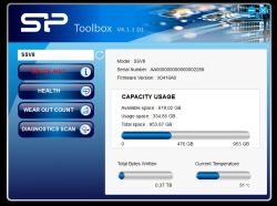 Zrzut ekranu programu SP Toolbox pokazujący dysk SSD SSV8 o pojemności 953,87 GB, z informacjami o zajętej i dostępnej przestrzeni.