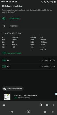 Zrzut ekranu z aplikacji NetMonster pokazujący parametry połączenia LTE 2100 T-Mobile z nadajnika Zwierzyniec, z danymi sygnału i identyfikatorami komórki.