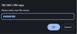 Screenshot from a web browser showing a dialog box for creating a new file named autoexec.bat.