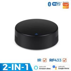 Black circular electronic device with Bluetooth, WiFi, and Tuya labels, featuring IR and RF433 functions.