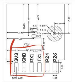 UART Connector Pins on ATLO-GDC2-TUYA Controller PCB A section of a PCB diagram highlighting the 3V3, GND, RX1, and TX1 pins needed for programming.