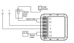 Schemat połączeń modułu WiFi do sterowania drzwiami garażowymi z oznaczeniem S1, S2, L, N, S3, S4.
