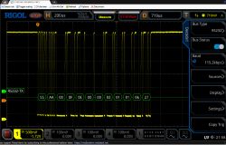 Rigol oscilloscope screenshot with RS232 decoding and bytes: 55 AA 00 0F 0E 00 00 03 01 01 06 27.