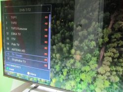 Zdjęcie telewizora z wyświetlonym menu kanałów DVB-T/T2 oraz fragmentem obrazu lasu.